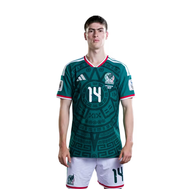 Camiseta de fútbol de México para la Copa Mundial 2026 Versión Jugador Versión Partido - Delanteros N.° 14 Armando GONZALEZ, N.° 16 Julian QUINONES, N.° 21 Cesar HUERTA