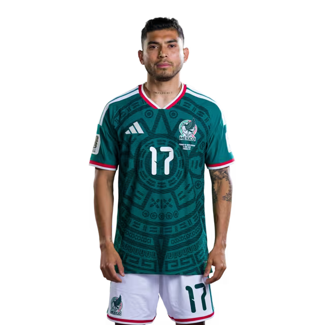 Camiseta de fútbol de México para la Copa Mundial 2026, versión jugadora, versión de partido - Centrocampistas: N.° 17 Orbelín Pineda, N.° 18 Obed Vargas, N.° 19 Gilberto Mora