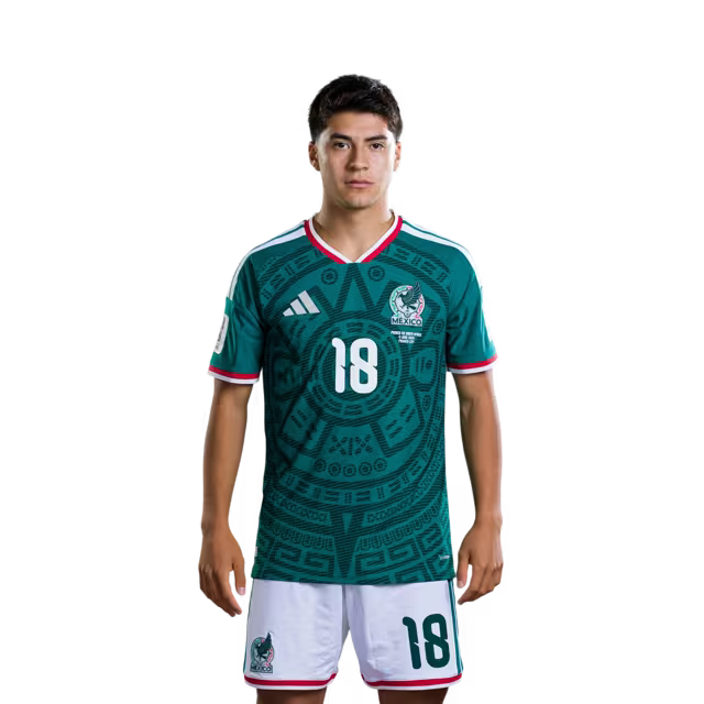 Camiseta de fútbol de México para la Copa Mundial 2026, versión jugadora, versión de partido - Centrocampistas: N.° 17 Orbelín Pineda, N.° 18 Obed Vargas, N.° 19 Gilberto Mora