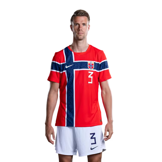 Norway National Football Team 2026 World Cup Jersey (Player Version/Match Version) — Defenders: No. 3 Kristoffer Ajer, No. 4 Leo Østigard, No. 5 David Møller Wolfe / Forsvarere: Nr. 3 Kristoffer AJER, nr. 4 Leo Østigard, nr. 5 David Møller Wolfe