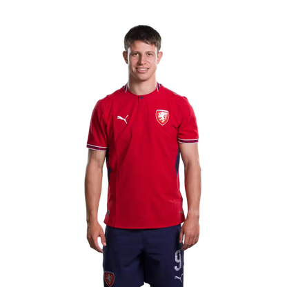 Dres české fotbalové reprezentace pro mistrovství světa 2026 (hráčská/zápasová verze) — Útočníci: č. 9 Adam HLOZEK, č. 10 Patrik Schick, č. 11 Jan KUCHTA