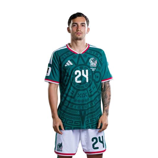 Mexico National Team 2026 World Cup Soccer Jersey (Player Version/Match Version) — Midfielders: No. 24 Luis Chávez, No. 26 Brian Gutiérrez / Centrocampista n.° 24 Luis Chávez, n.° 26 Brian Gutiérrez