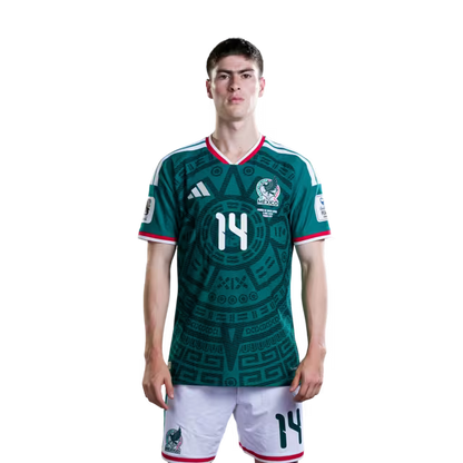 Camiseta de fútbol de México para la Copa Mundial 2026 Versión Jugador Versión Partido - Delanteros N.° 14 Armando GONZALEZ, N.° 16 Julian QUINONES, N.° 21 Cesar HUERTA
