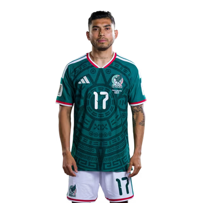 Camiseta de fútbol de México para la Copa Mundial 2026, versión jugadora, versión de partido - Centrocampistas: N.° 17 Orbelín Pineda, N.° 18 Obed Vargas, N.° 19 Gilberto Mora